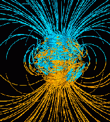 Campo magnético terrestre. Observese que no forma un campo dipolar perfecto.