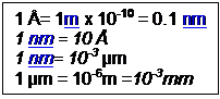 Cuadro de texto: 1 Å= 1m x 10-10 = 0.1 nm  1 nm = 10 Å  1 nm= 10-3 μm  1 μm = 10-6m =10-3mm
