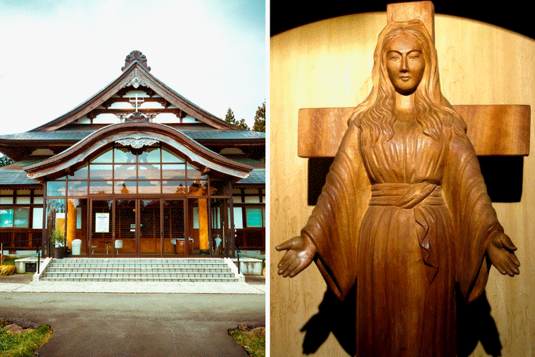 Seitai Hoshikai en Akita, Japn, lugar de las apariciones; talla de madera de Nuestra Seora de Akita. (Fuente National Catholic Register)